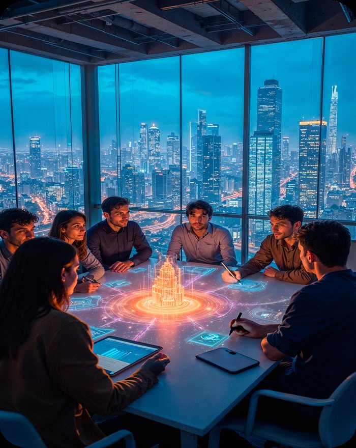 Futuristic business meeting with digital technology